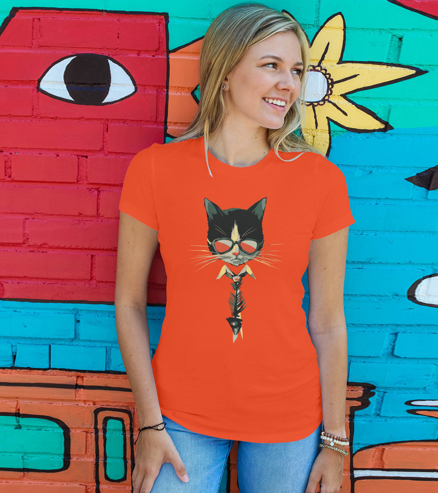 Bibisama CAT With Sunglasses And Fish Skeleton Tie T-Shirt