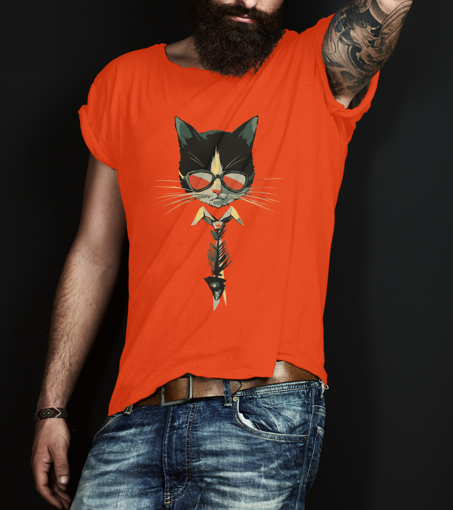 Bibisama CAT With Sunglasses And Fish Skeleton Tie T-Shirt