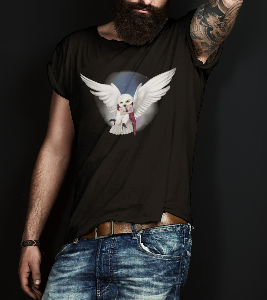 Snowy White Owl With Letter And Red Scarf In Starry Sky T-Shirt
