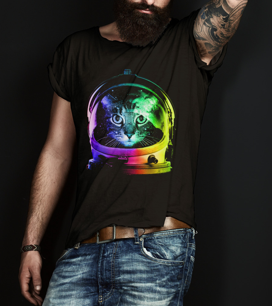 Astronaut Cat Classic Funny Cat In Space Helmet With Rainbow Glow T-Shirt