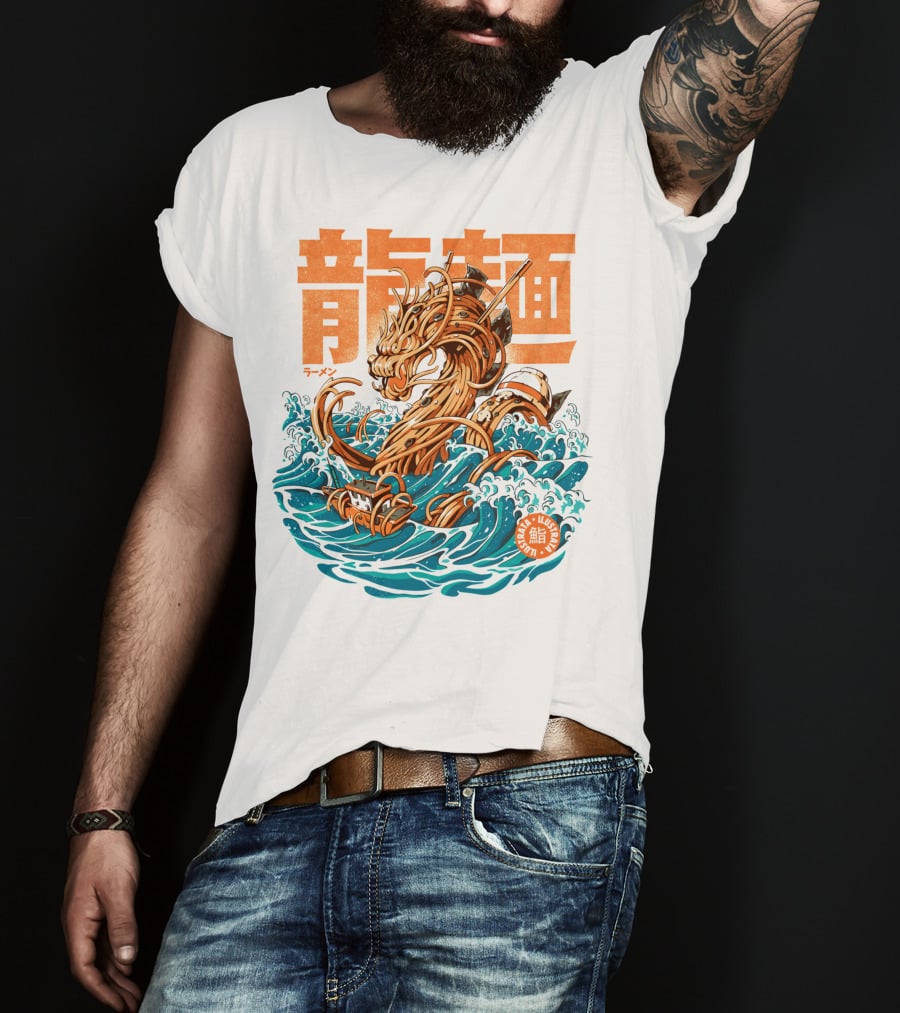 Great Ramen Dragon Kanagawa Woodblock Waves Japan T-Shirt
