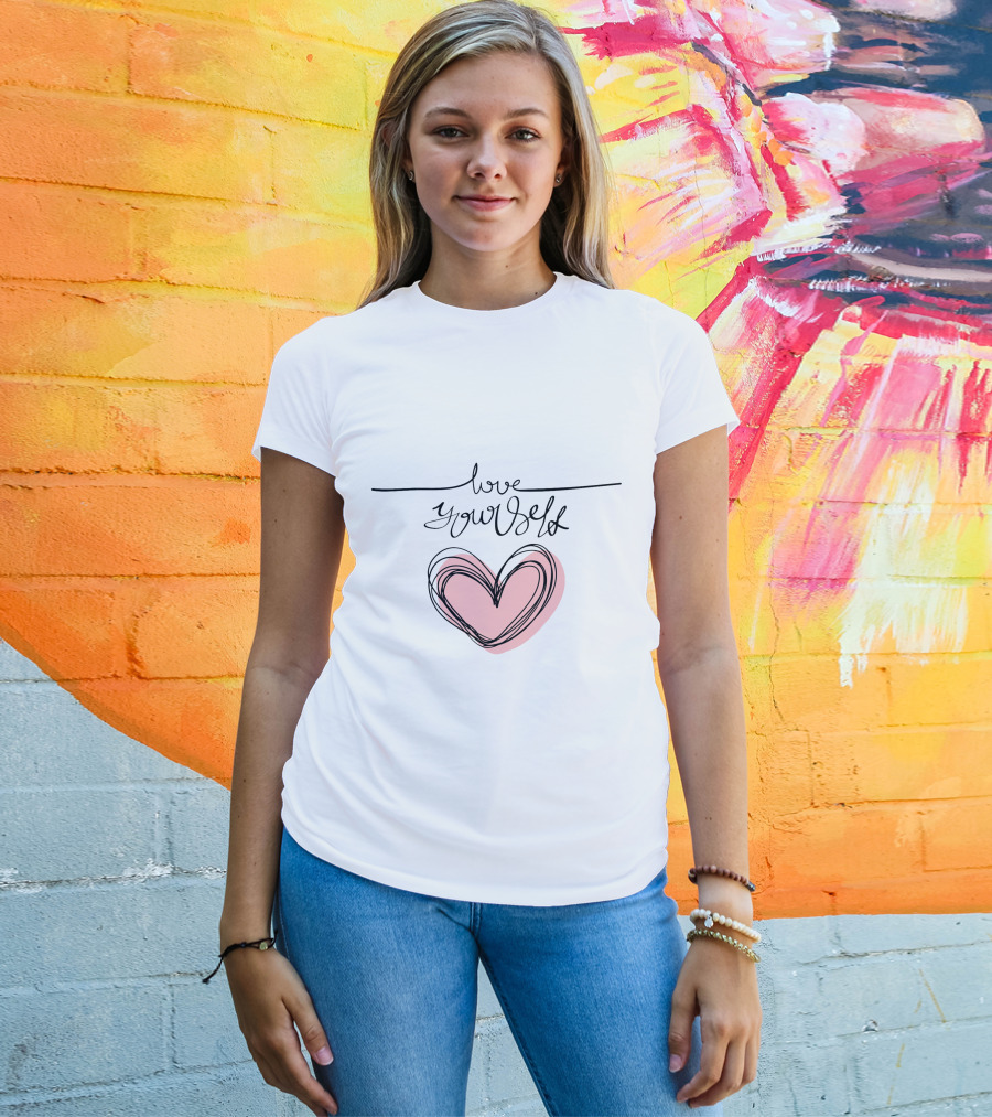 Love Yourself Pink Heart Drawing With Inspirational Text T-Shirt