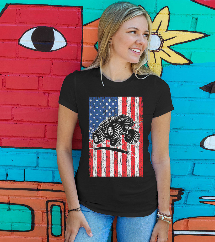 American Flag USA Monster Truck Enthusiast Patriotic T-Shirt