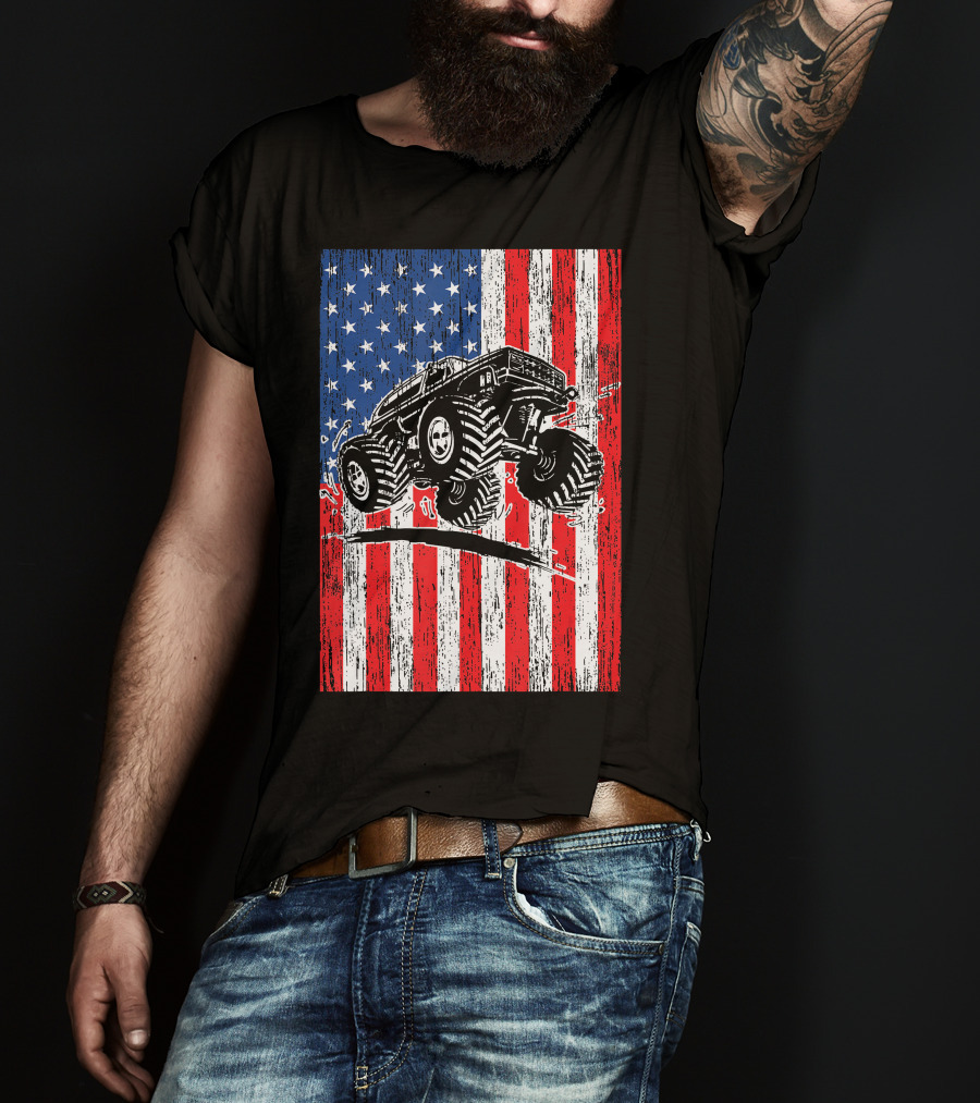 American Flag USA Monster Truck Enthusiast Patriotic T-Shirt