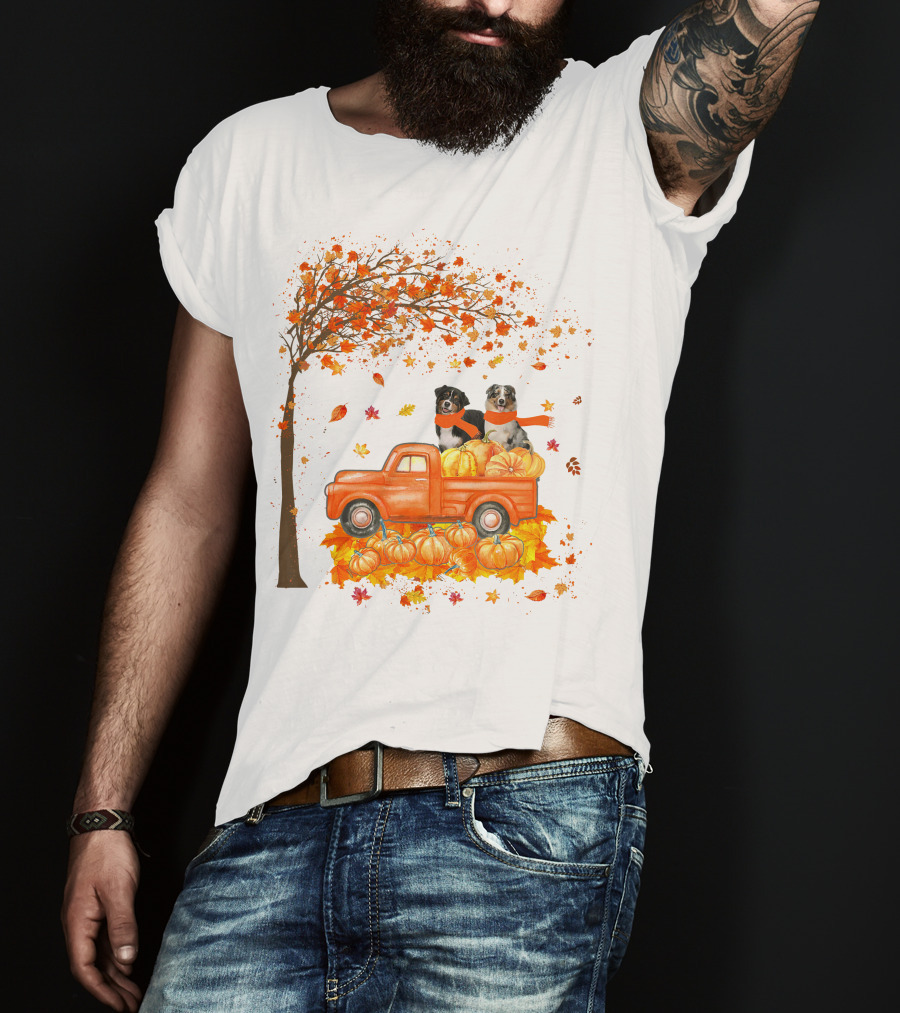 Australian Shepherds With Pumpkins On Orange Truck In Autumn Scene T-Shirt