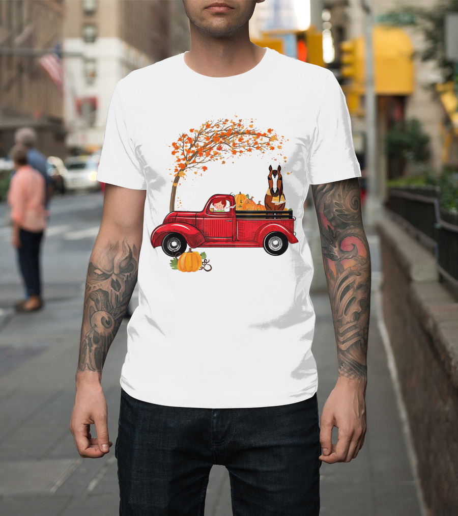 Autumn Fall Season Red Truck Horse Pumpkins Thanksgiving Day T-Shirt