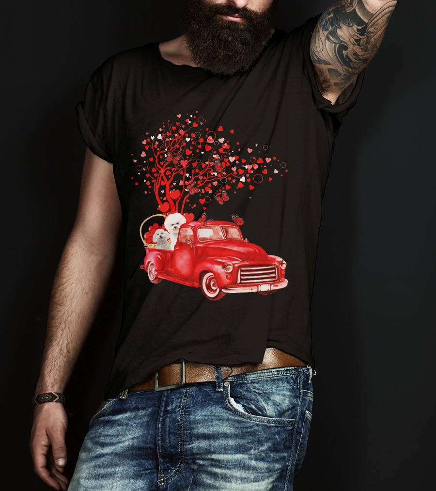 Bichon Frise Valentine Red Truck With Heart Tree And Butterflies T-Shirt
