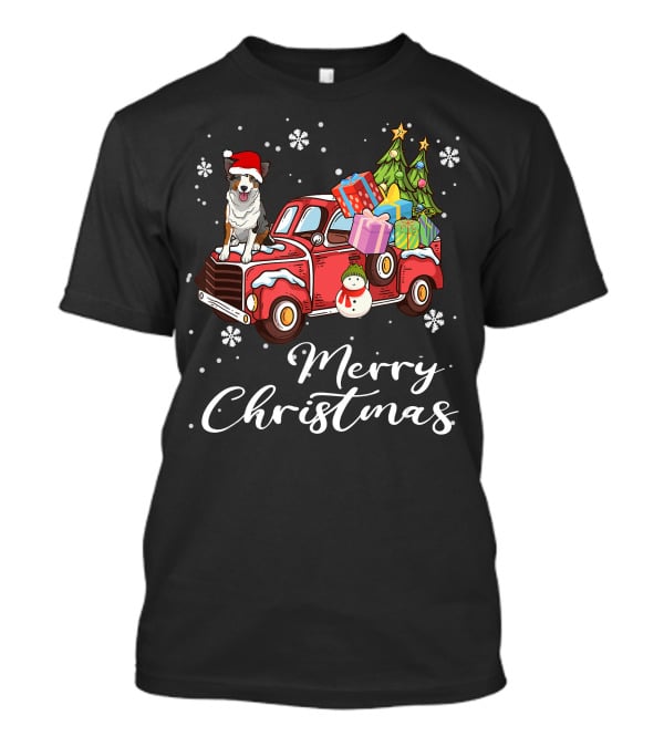 Border Collie On Red Truck With Gifts Snowflakes And Merry Christmas Text T-Shirt