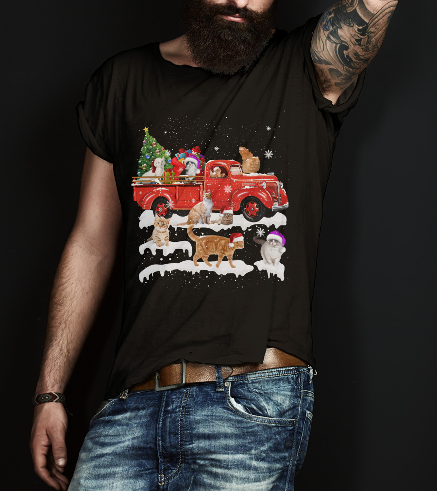 Merry Christmas Cat Riding Red Truck With Kittens And X Mas Tree T-Shirt