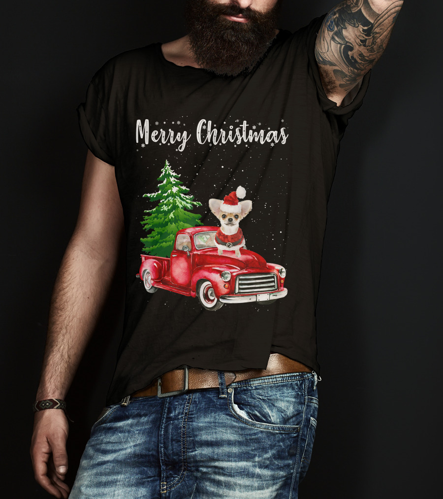 Merry Christmas Chihuahua With Santa Hat Riding Red Truck And Christmas Tree T-Shirt