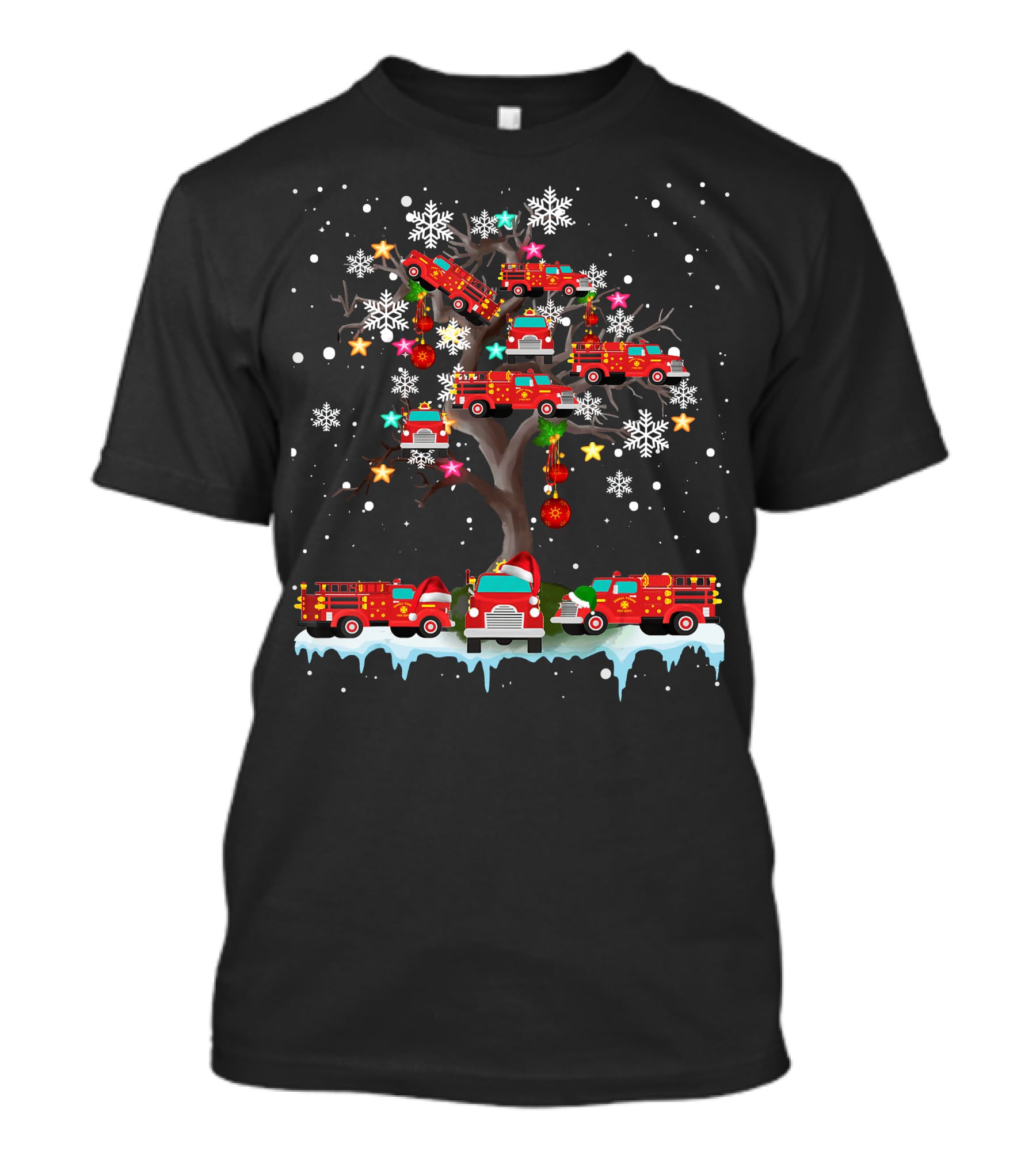Christmas Fire Truck On Tree With Santa Firefighter Lover Snowflakes And Ornaments T-Shirt