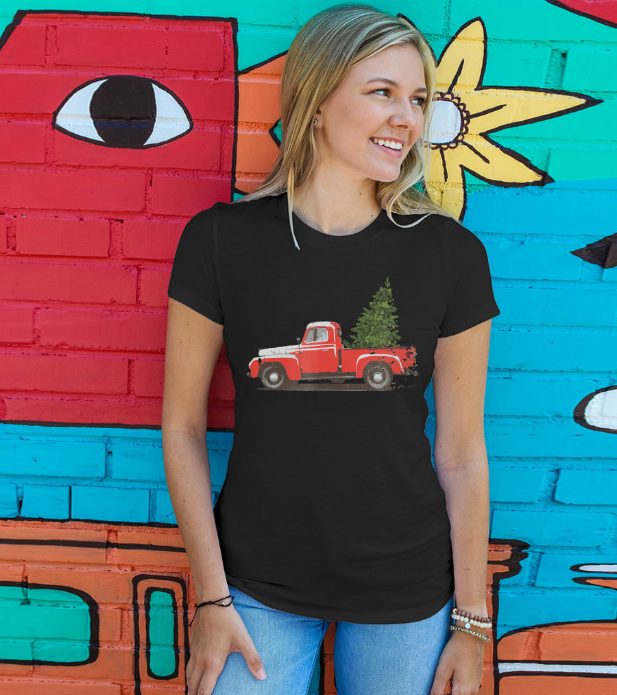 Classic Red Pickup Truck With Christmas Tree T-Shirt