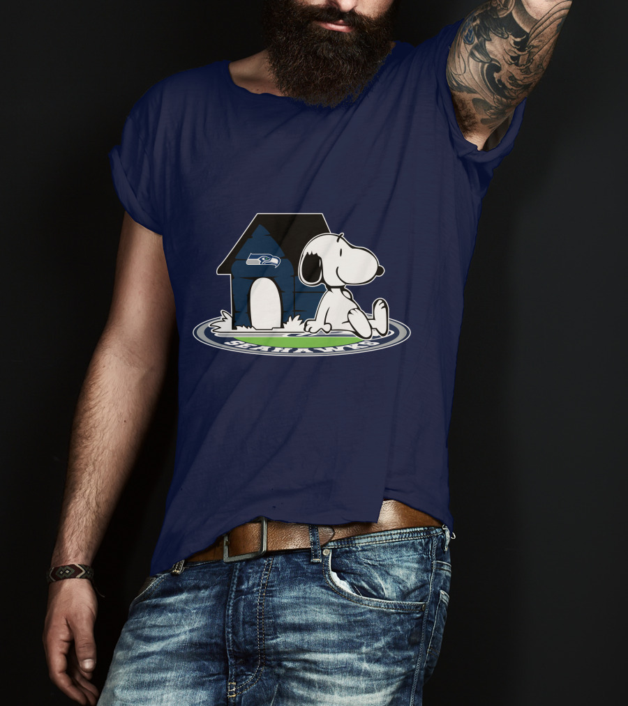 Seattle Seahawks Fan Forever With Snoopy Sitting By Doghouse T-Shirt
