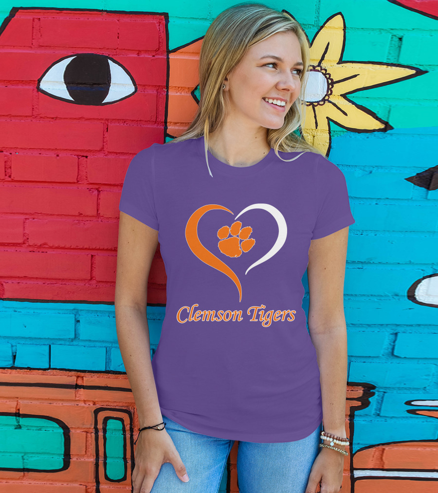 Clemson Tigers Heart Paw Print Purple And Orange T-Shirt