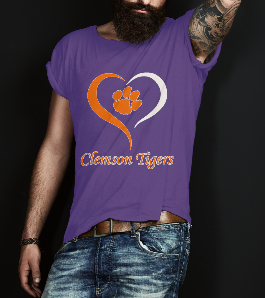 Clemson Tigers Heart Paw Print Purple And Orange T-Shirt