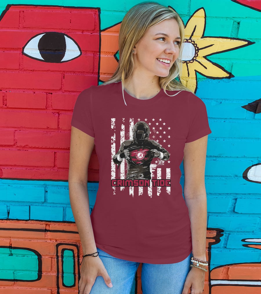 Alabama Crimson Tide Superhero American Flag Football Fan T-Shirt