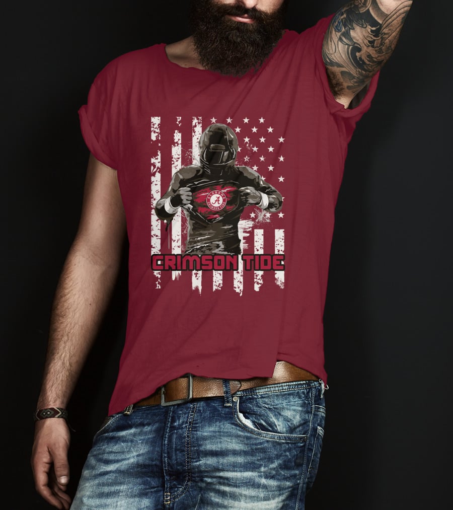 Alabama Crimson Tide Superhero American Flag Football Fan T-Shirt