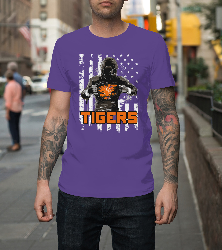 Tigers Player With Paw Logo And Flag Background T-Shirt