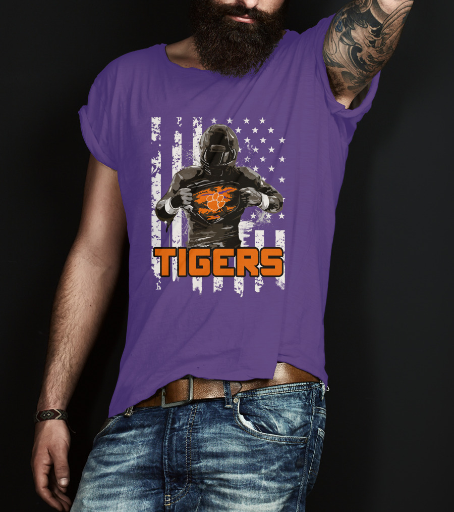 Tigers Player With Paw Logo And Flag Background T-Shirt
