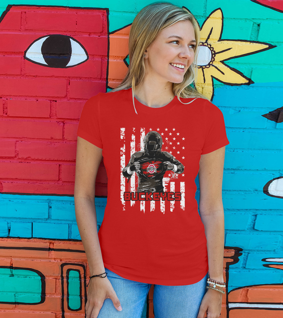 Ohio State Buckeyes Player With American Flag Background T-Shirt