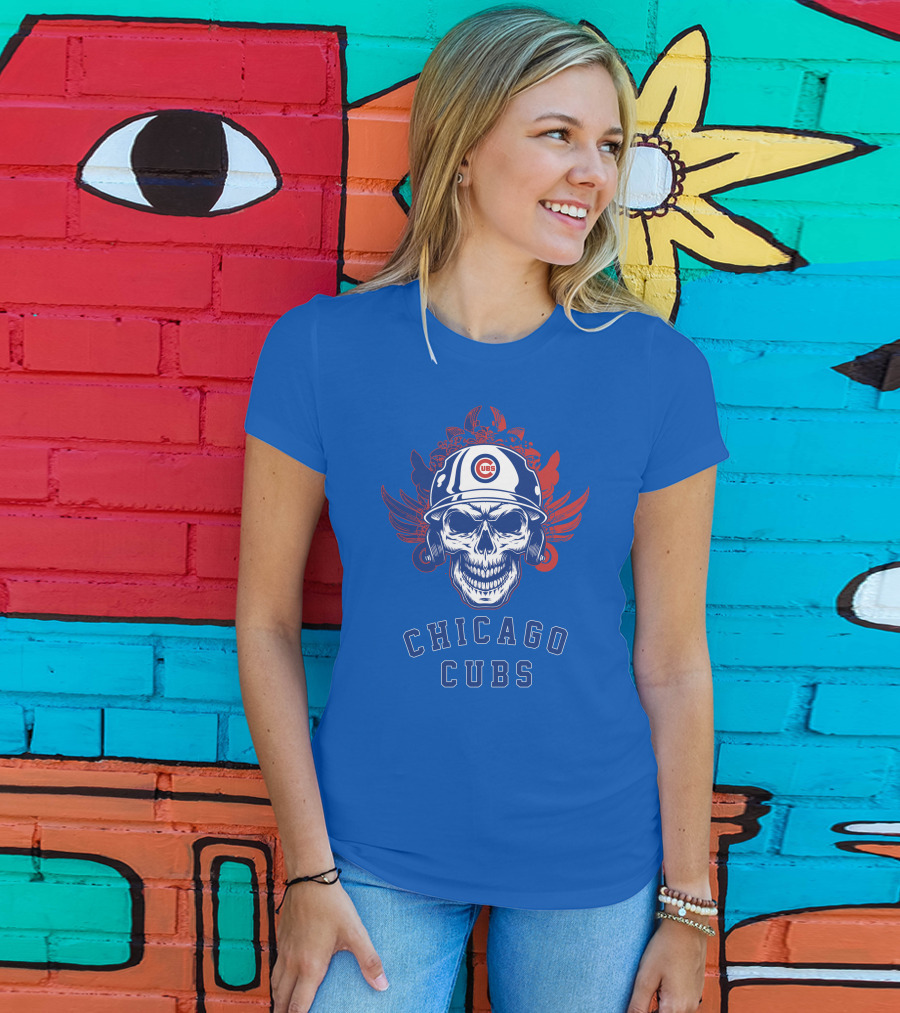 Chicago Cubs Skull Logo With Helmet And Wings T-Shirt