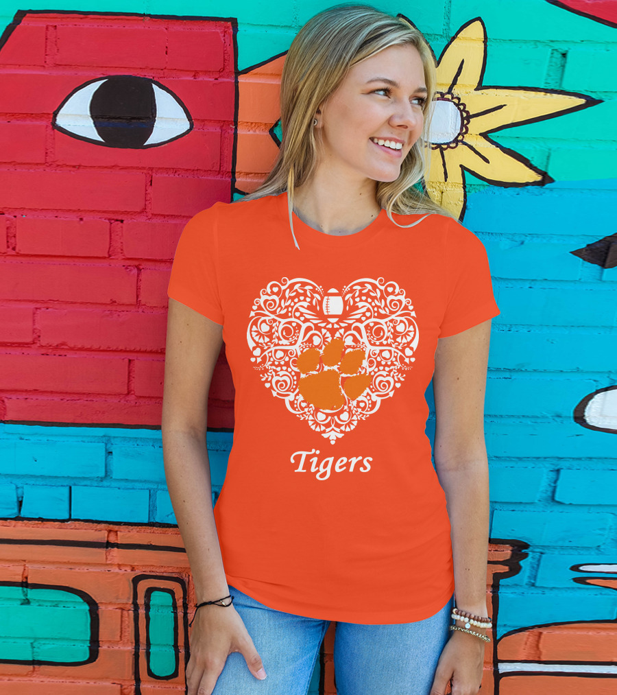 Heart-Shaped Design With Clemson Tigers Paw And Football Elements T-Shirt