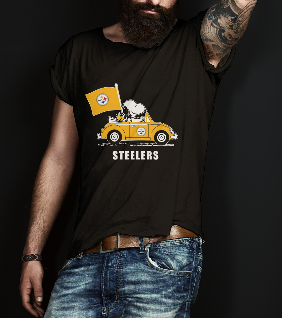 Pittsburgh Steelers Snoopy Driving Yellow Car With Flag T-Shirt