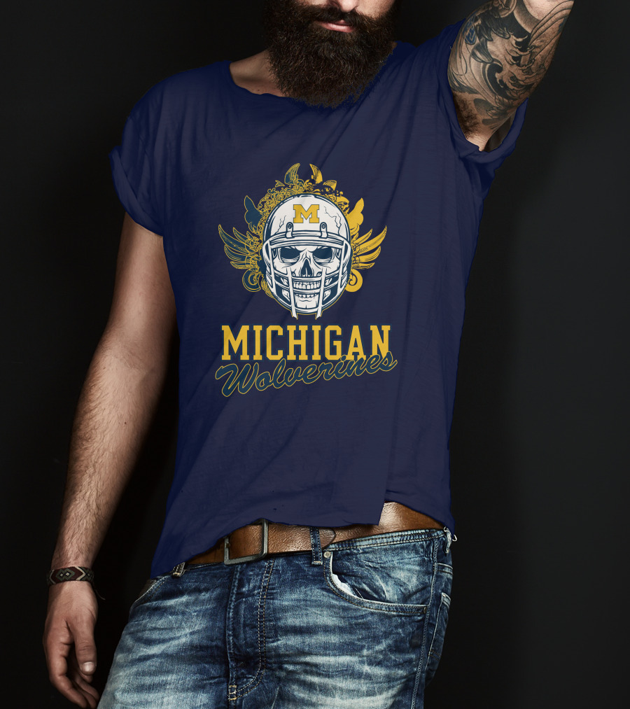 Michigan Wolverines Skull Helmet With Floral Wings T-Shirt