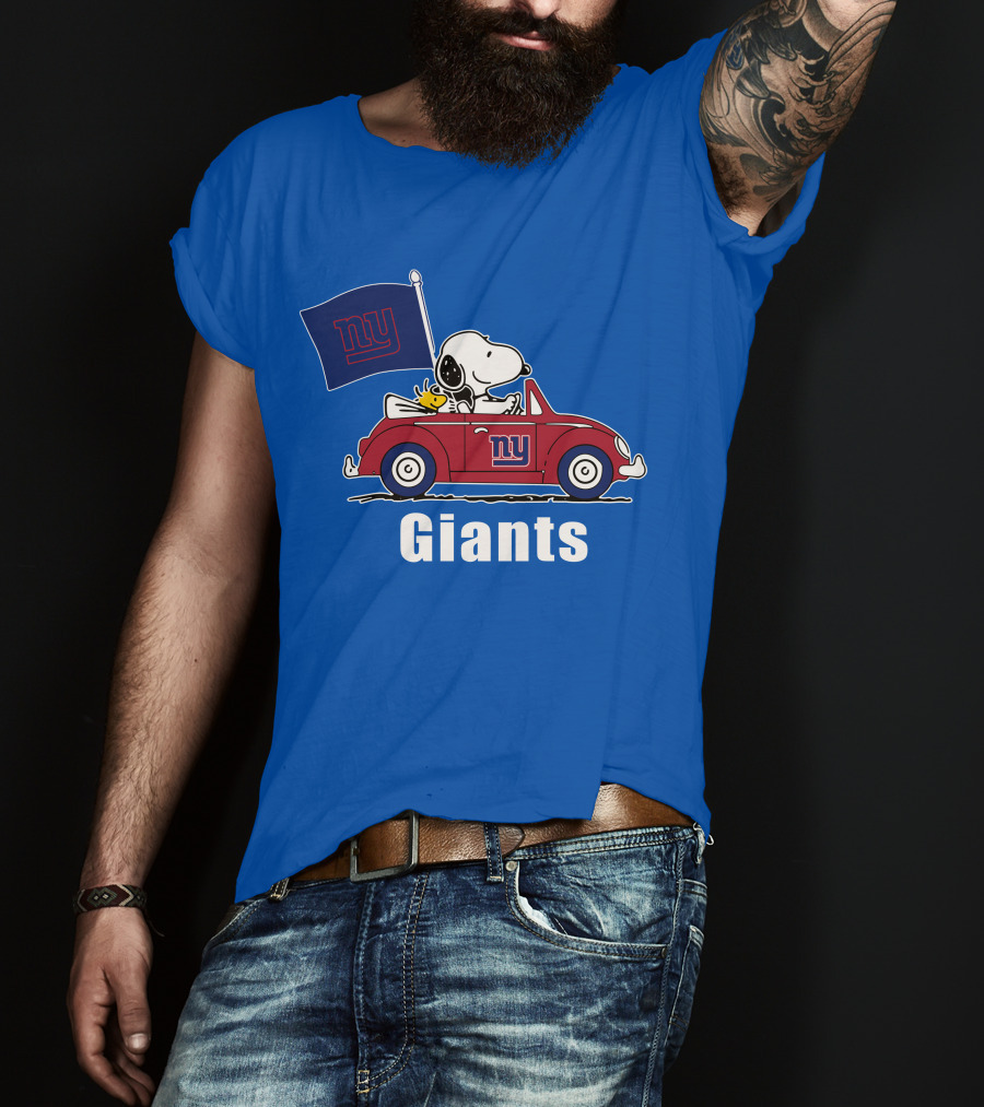 New York Giants Snoopy Driving With Woodstock And Flag T-Shirt