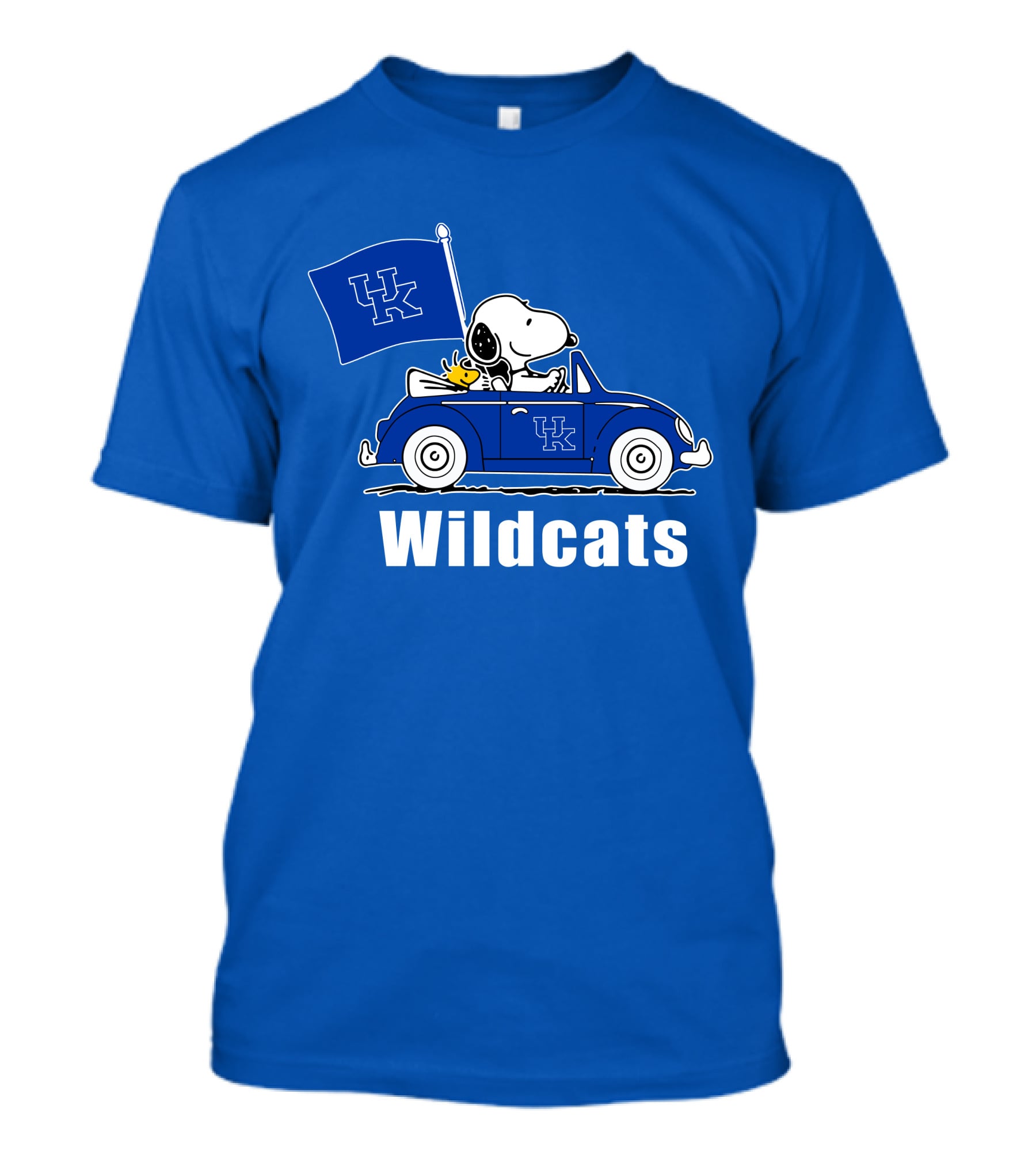 Snoopy Driving Kentucky Wildcats Car With Woodstock And UK Flag T-Shirt
