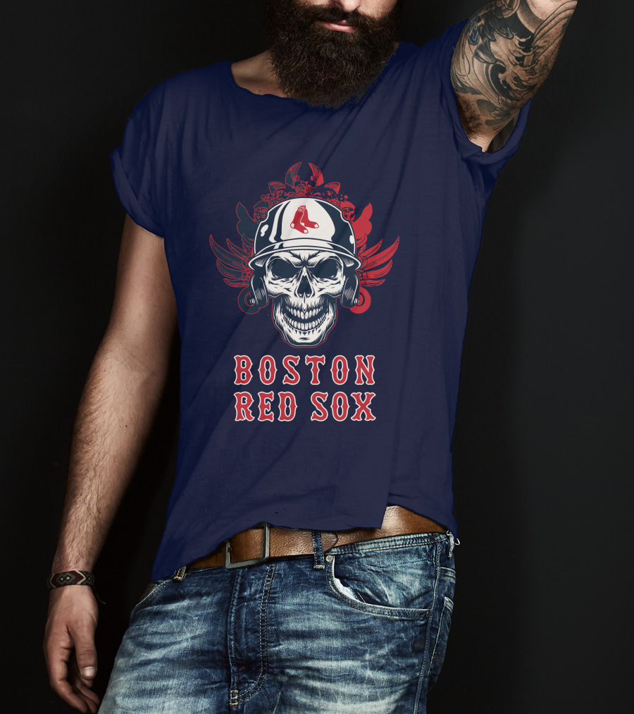 Boston Red Sox Skull With Baseball Helmet And Wings T-Shirt