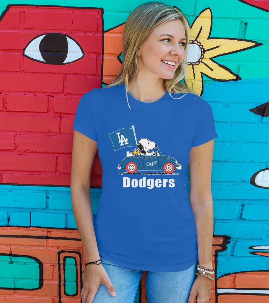 Dodgers Snoopy Woodstock Driving Car LA Flag T-Shirt