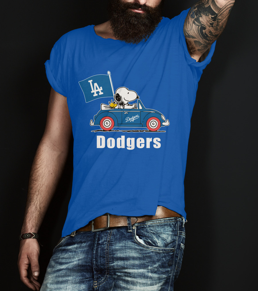 Dodgers Snoopy Woodstock Driving Car LA Flag T-Shirt