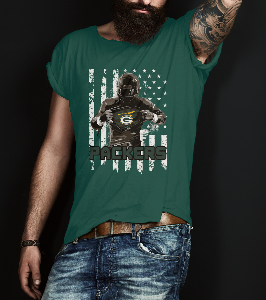 Packers Player With Flag Background And Green Bay T-Shirt