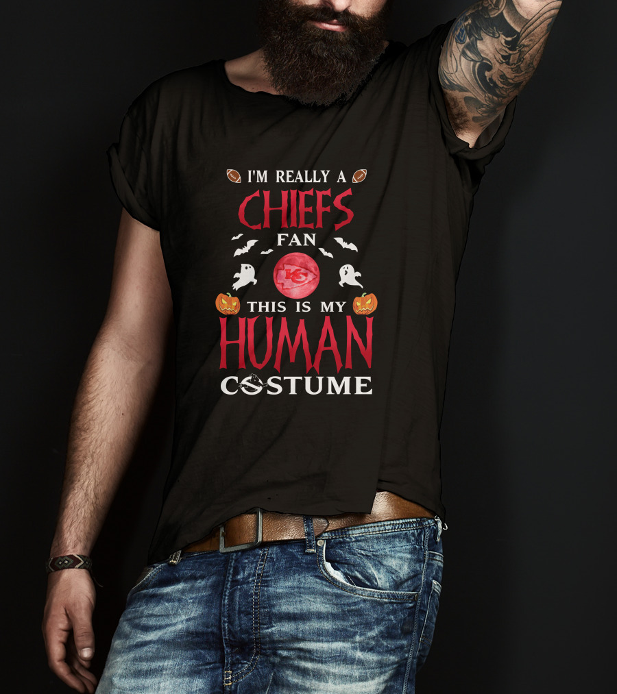 I'm Really A Chiefs Fan This Is My Human Costume Halloween Ghosts Pumpkins Footballs T-Shirt