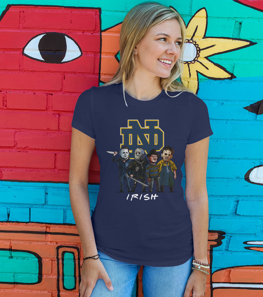 Notre Dame Fighting Irish Halloween With Famous Horror Slasher Characters T-Shirt