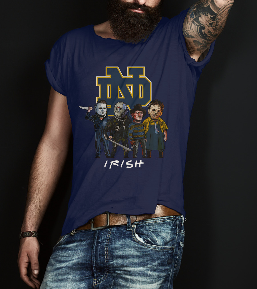Notre Dame Fighting Irish Halloween With Famous Horror Slasher Characters T-Shirt