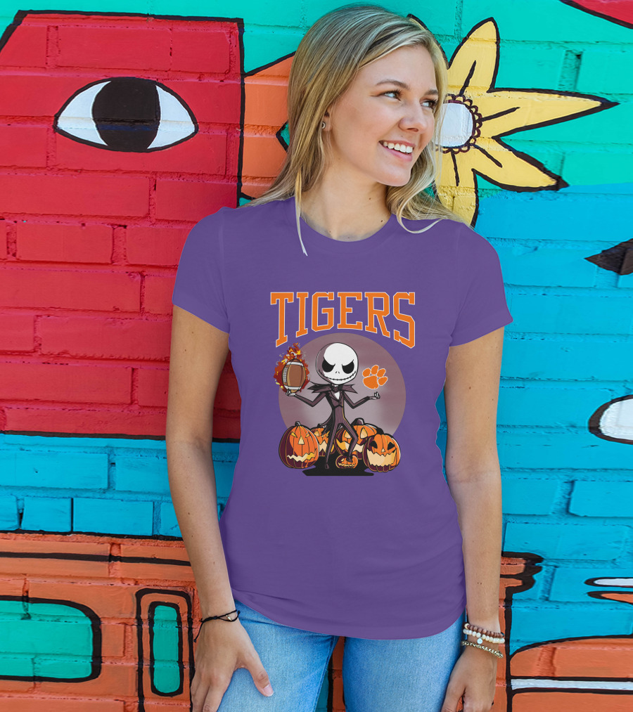 Tigers Jack Skellington Clemson Halloween Football And Pumpkins T-Shirt