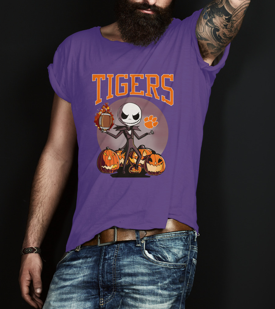 Tigers Jack Skellington Clemson Halloween Football And Pumpkins T-Shirt