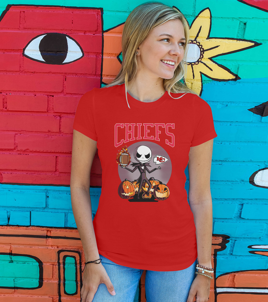 Kansas City Chiefs Jack Skellington Halloween Football Pumpkins T-Shirt