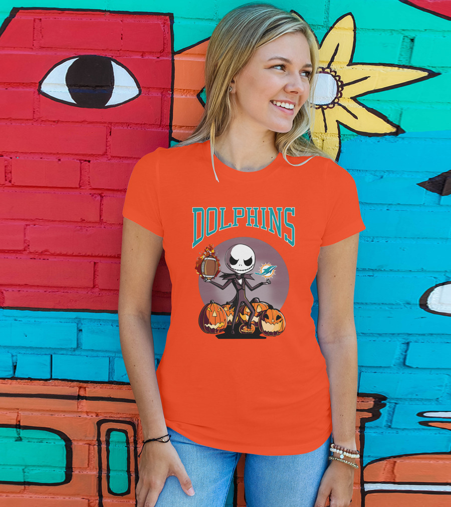 Dolphins Jack Skellington Halloween Miami Football Pumpkins T-Shirt