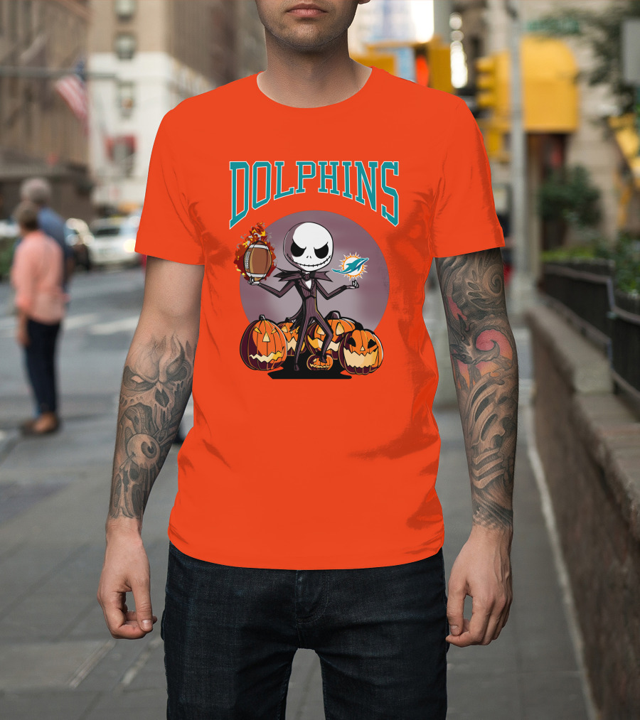 Dolphins Jack Skellington Halloween Miami Football Pumpkins T-Shirt