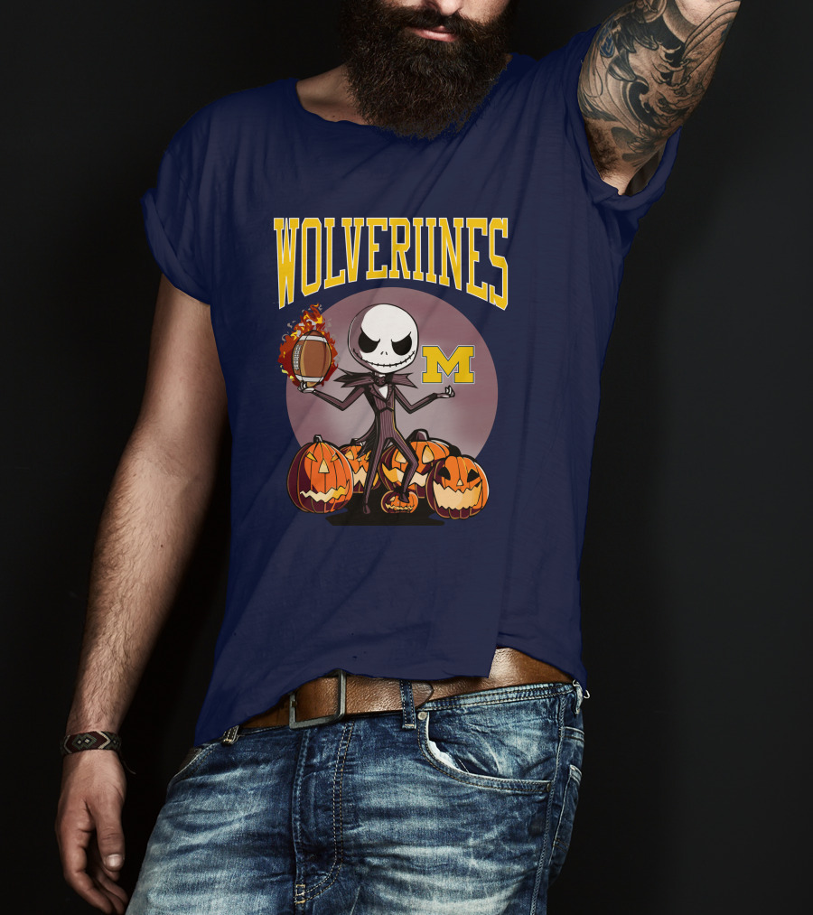 Michigan Wolverines Halloween Jack Skellington Football Pumpkins T-Shirt