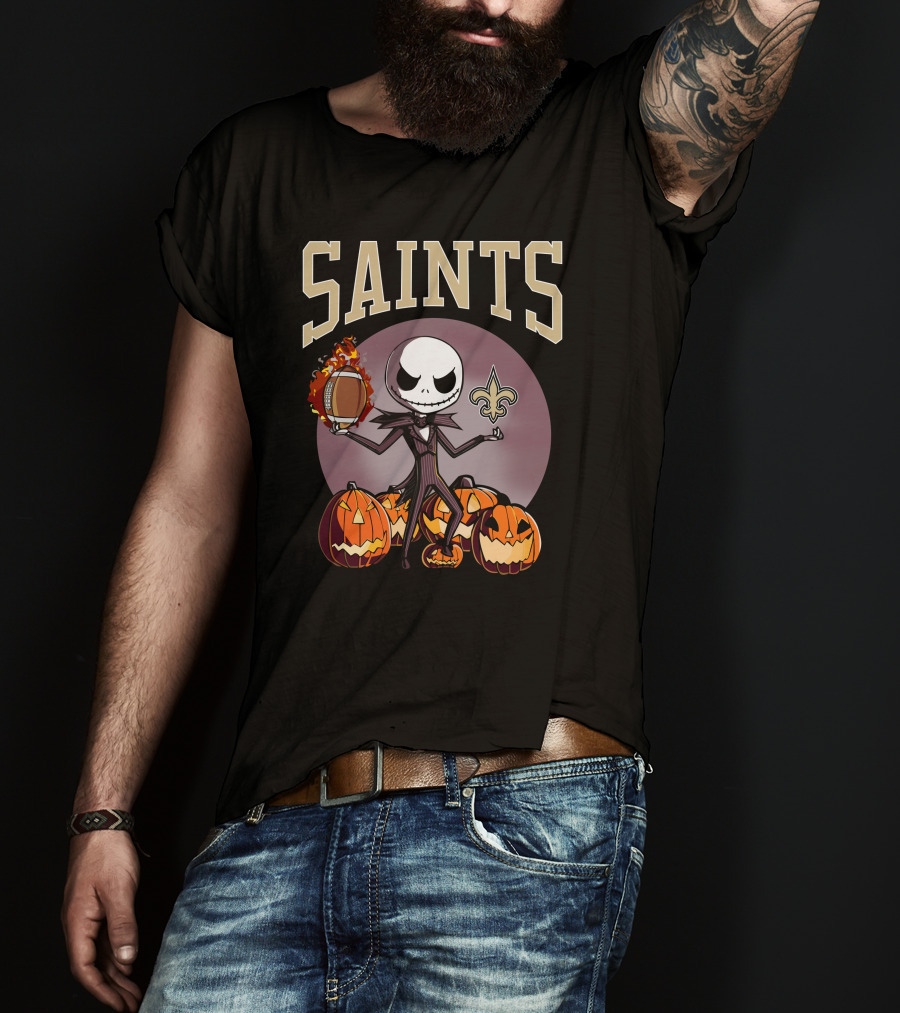 New Orleans Saints Jack Skellington Halloween Pumpkins Football Fleur-de-Lis T-Shirt