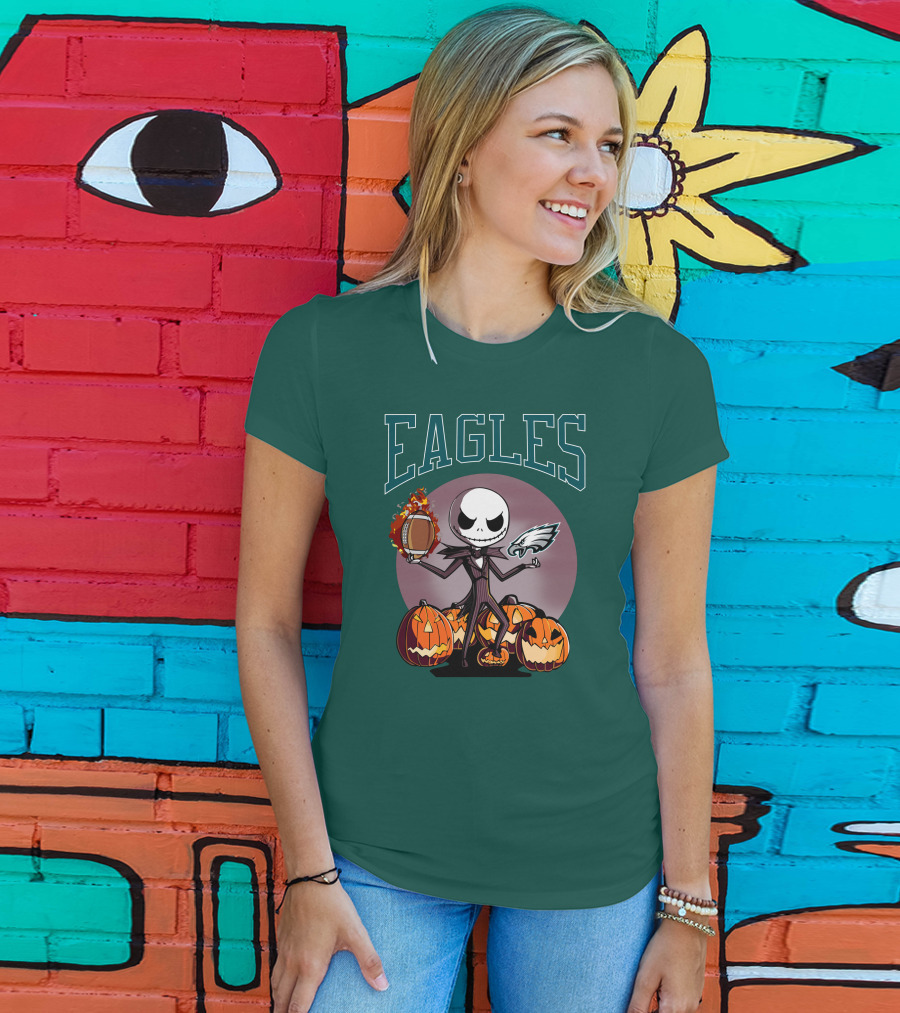 Philadelphia Eagles Jack Skellington Halloween Football Pumpkins T-Shirt