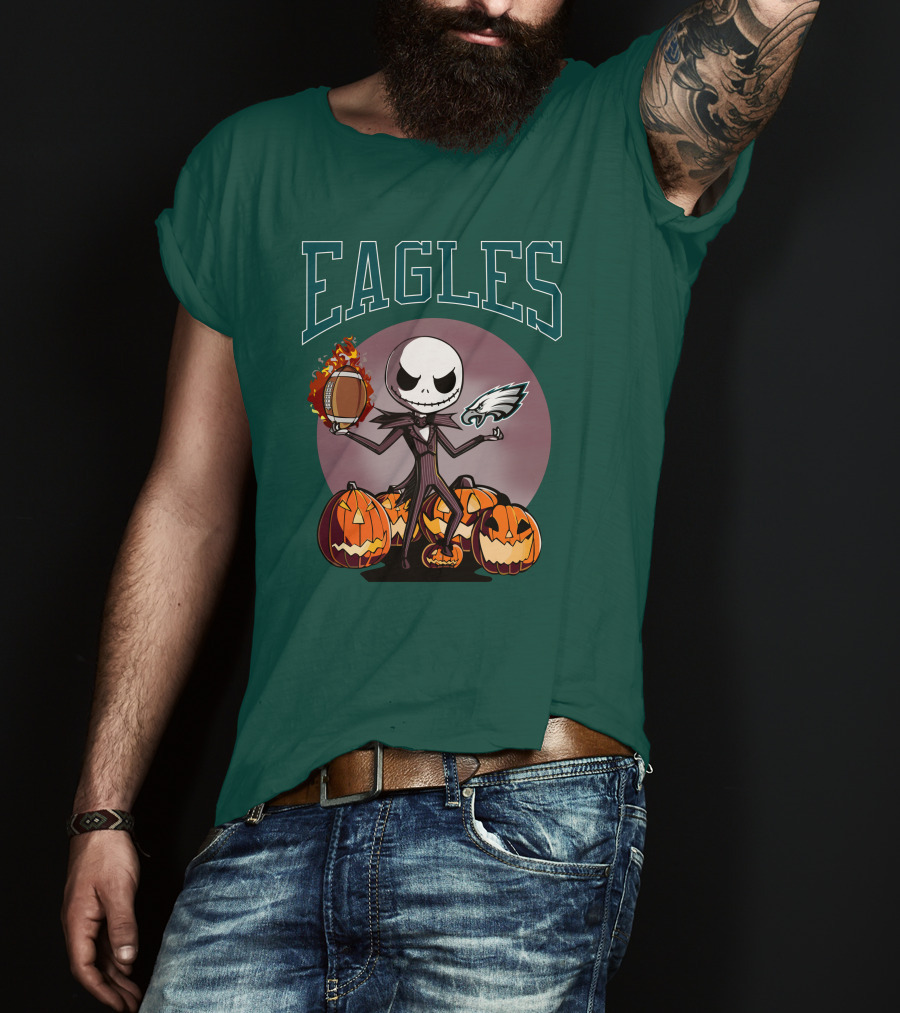 Philadelphia Eagles Jack Skellington Halloween Football Pumpkins T-Shirt