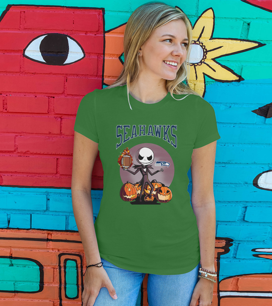 Seattle Seahawks Jack Skellington Halloween NFL Football Pumpkins T-Shirt