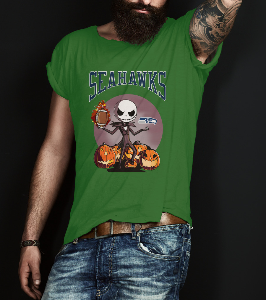 Seattle Seahawks Jack Skellington Halloween NFL Football Pumpkins T-Shirt