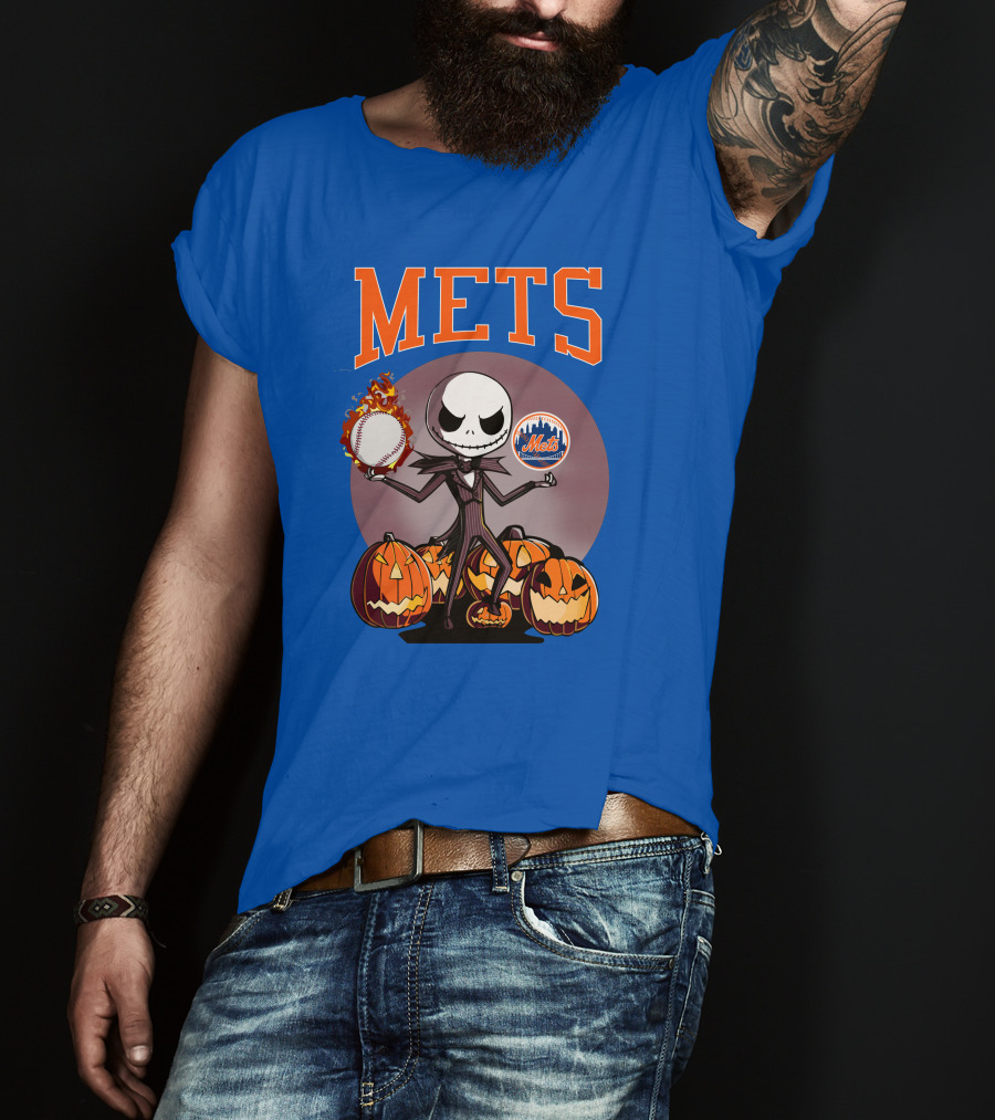 Mets Halloween With Jack Skellington And Pumpkins T-Shirt