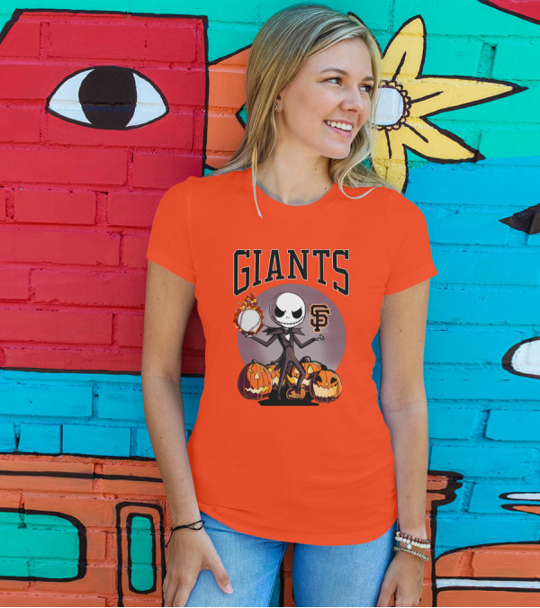 Giants Jack Skellington SF Logo Halloween Pumpkins Baseball T-Shirt